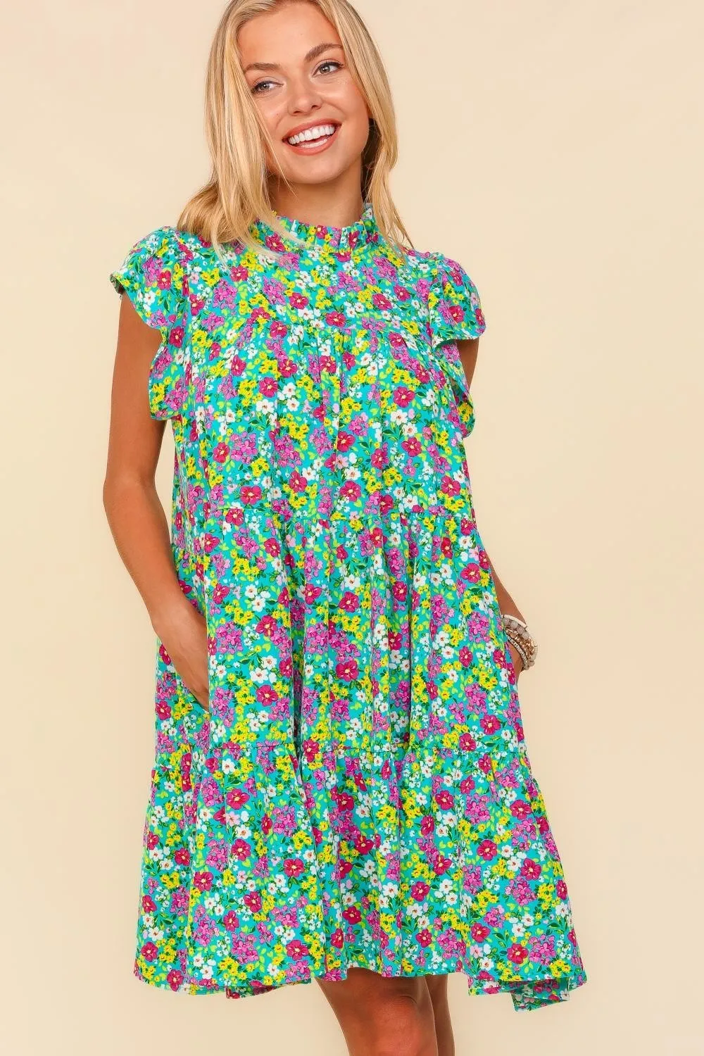 Frilled Mock Neck Ditsy Floral Dress, image 4