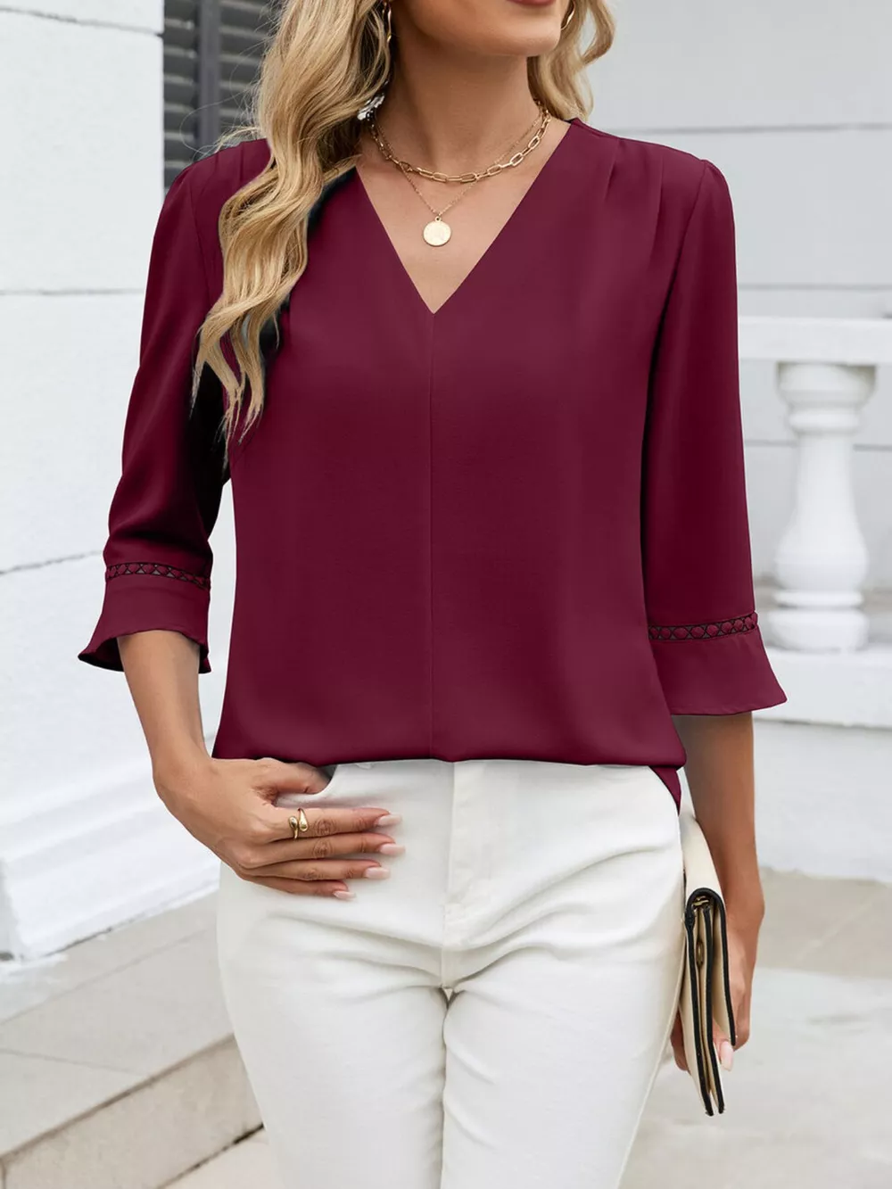 V-Neck 3/4 Sleeve Blouse, image 2