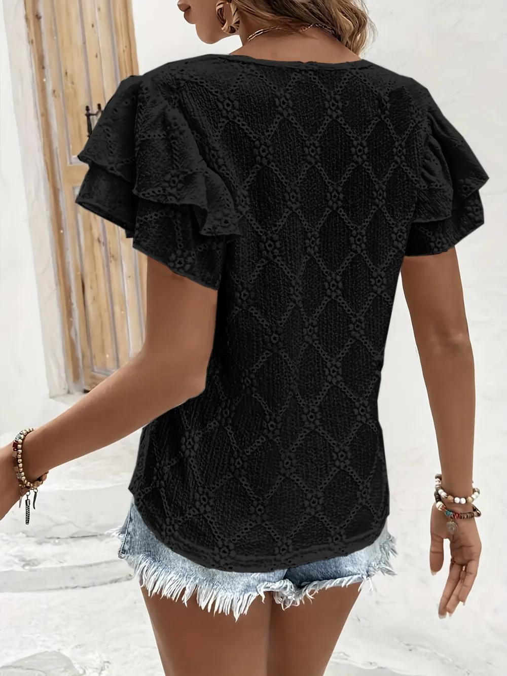 Eyelet V-Neck Short Sleeve Blouse, image 6