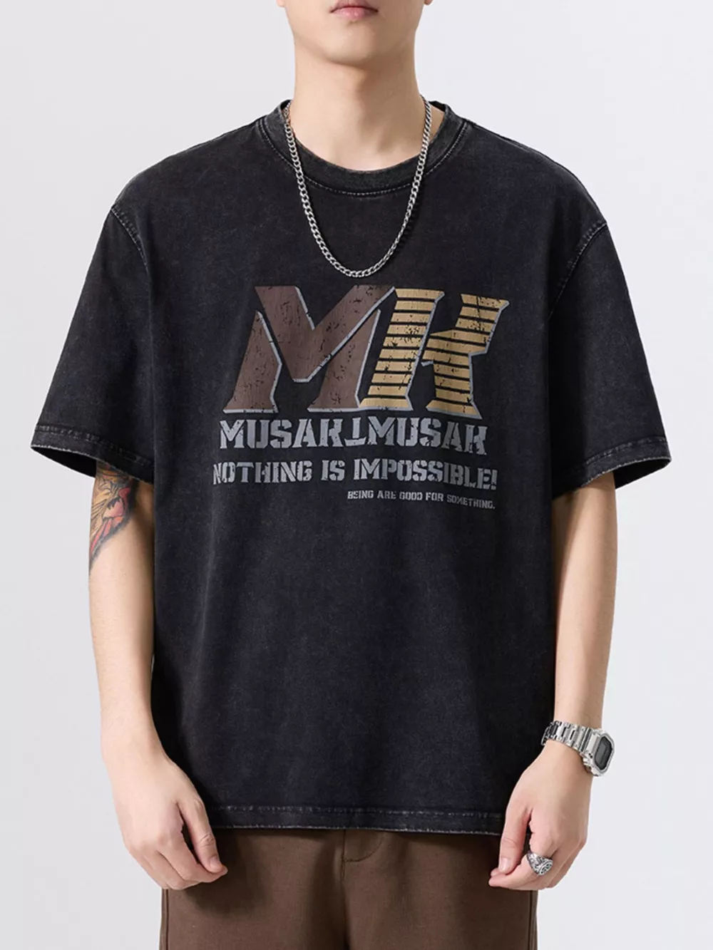 Men's Plus Size Letter Round Neck Short Sleeve T-Shirt, image 2