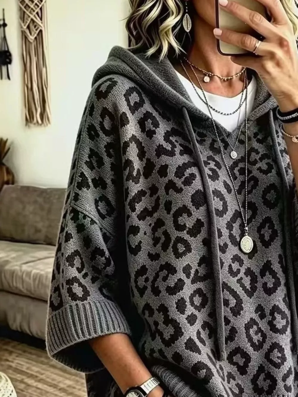 Leopard Print Hooded Knit Sweater, image 10