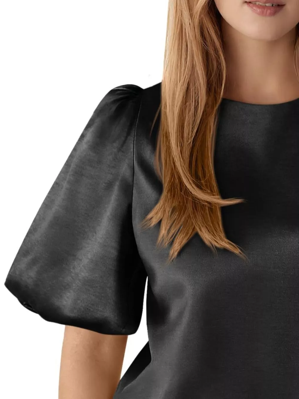 Round Neck Puff Sleeve Satin Top, image 17