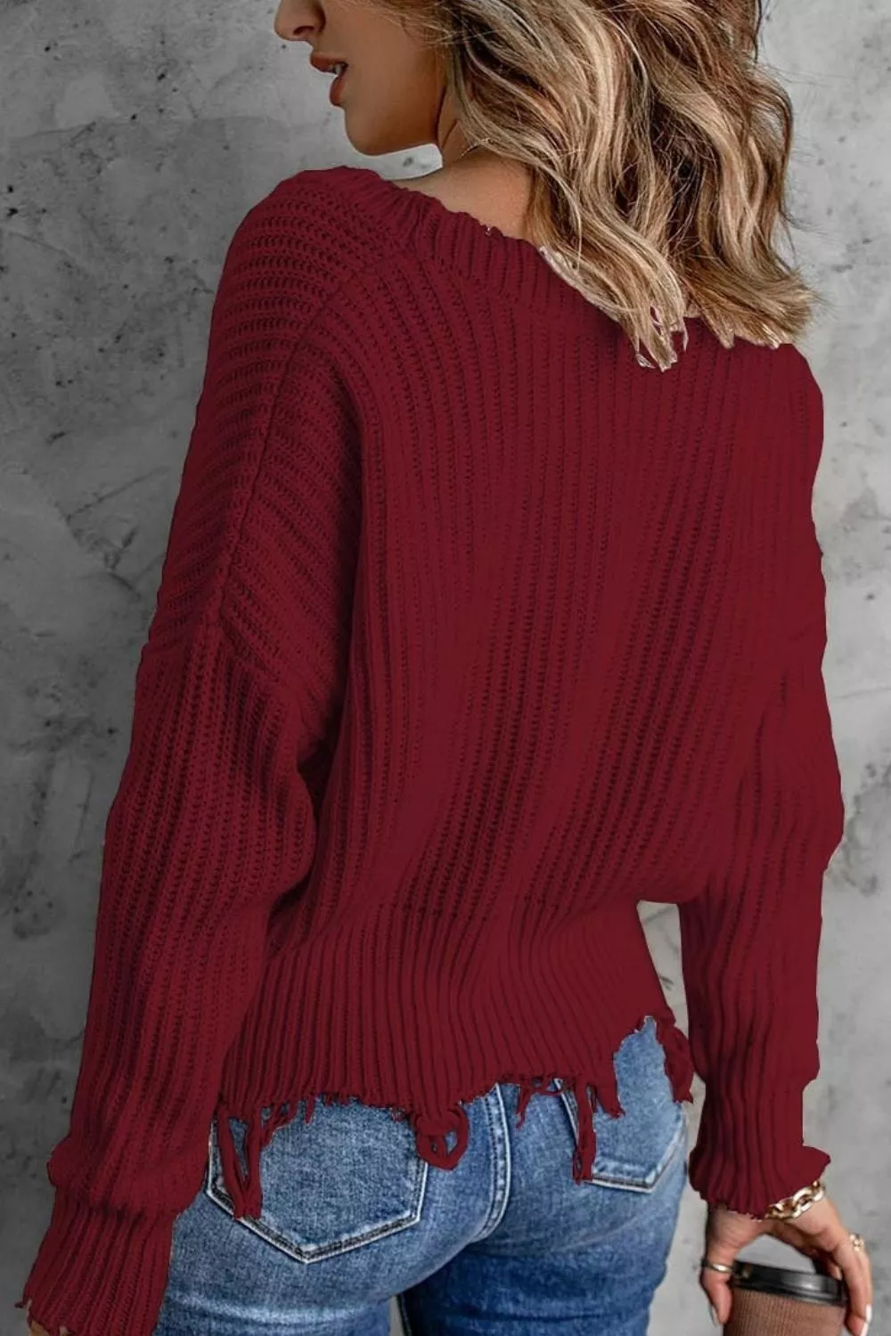 Full Size Raw Hem V-Neck Sweater Plus Size, image 12