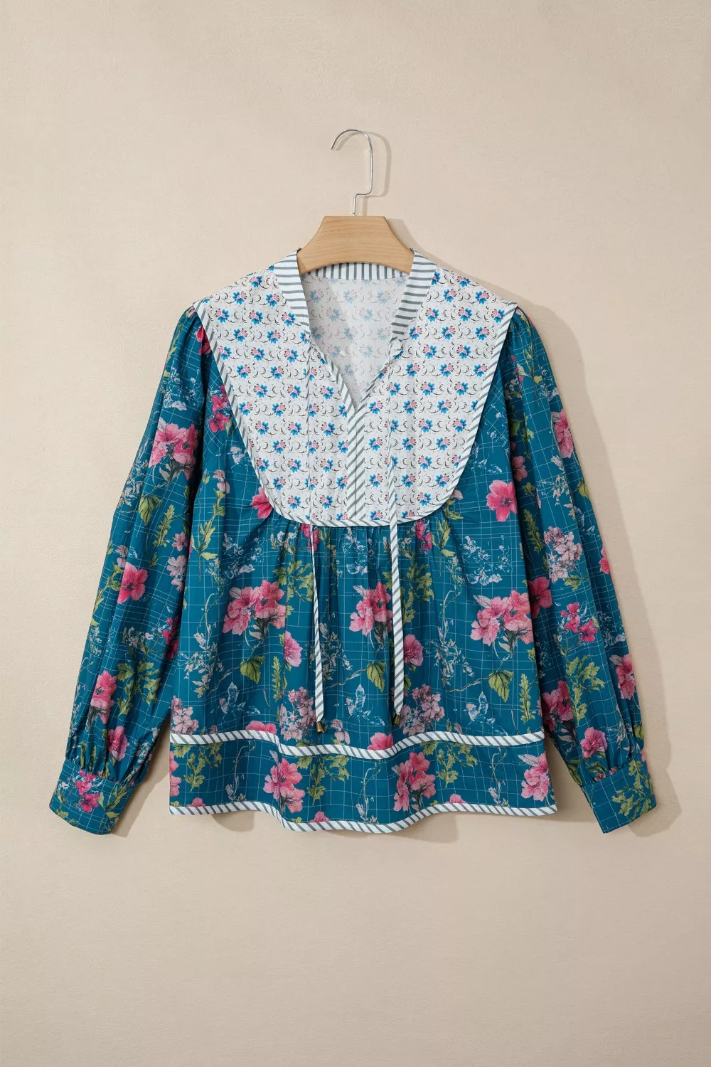 Floral Print Contrast Yoke Patchwork Striped Trim Long Puff Sleeve Blouse, image 6