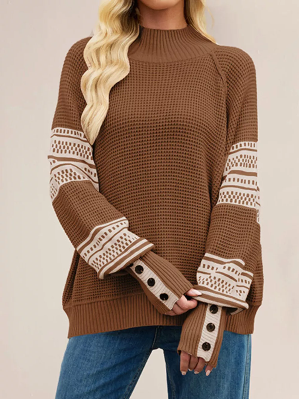 Color-Block Mock Neck Waffle Knit Sweater, image 3