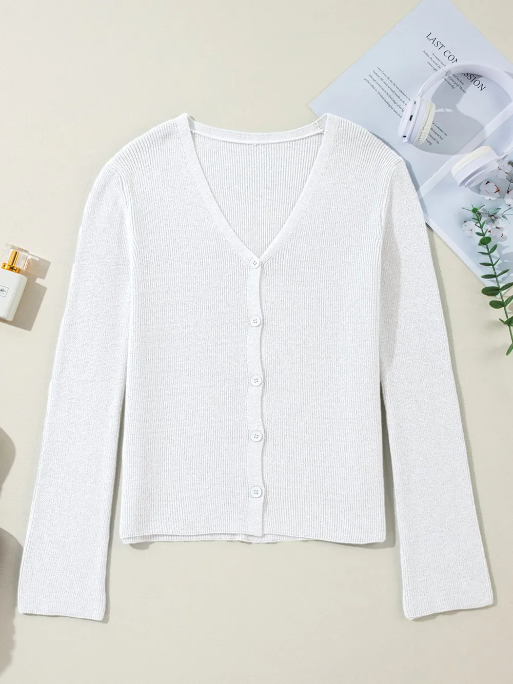 Ribbed Knit Button Front V Neck Cardigan, image 8