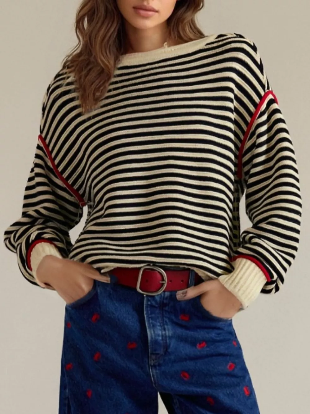 Striped Round Neck Long Sleeve Sweater, image 12