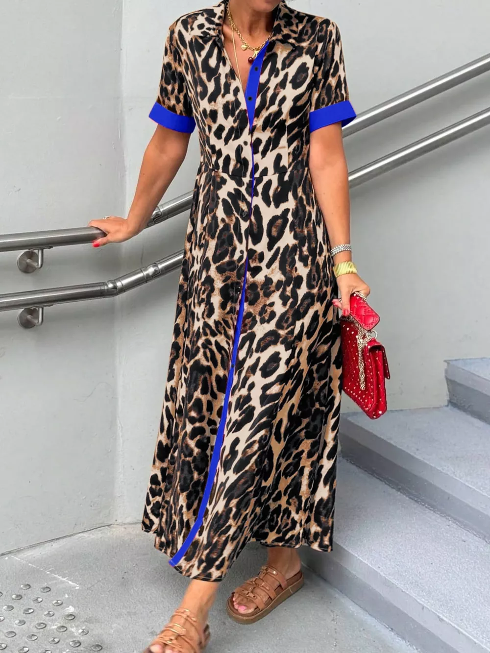 Leopard Print Button-Down Dress with Contrast Trim, image 17