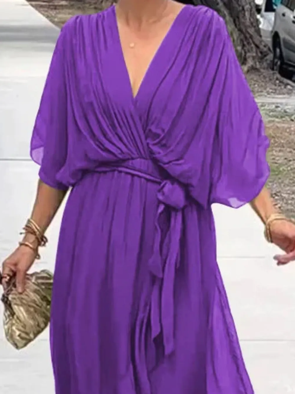 Full Size Flowy Tie Front Midi Dress with Flutter Sleeves Plus Size, image 11