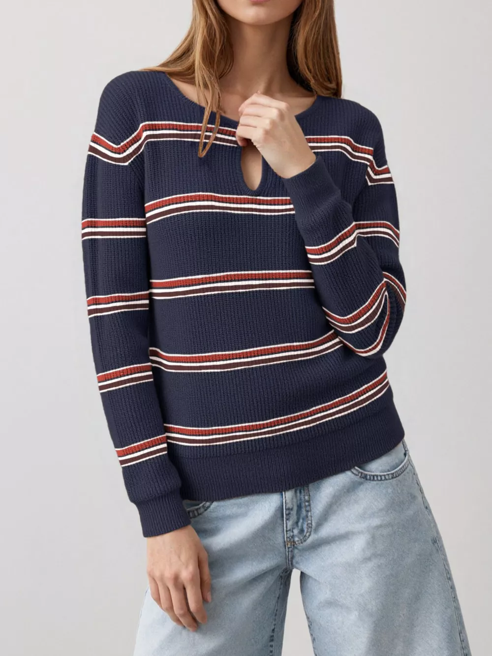 Striped Ribbed Knit Top with Keyhole Neckline