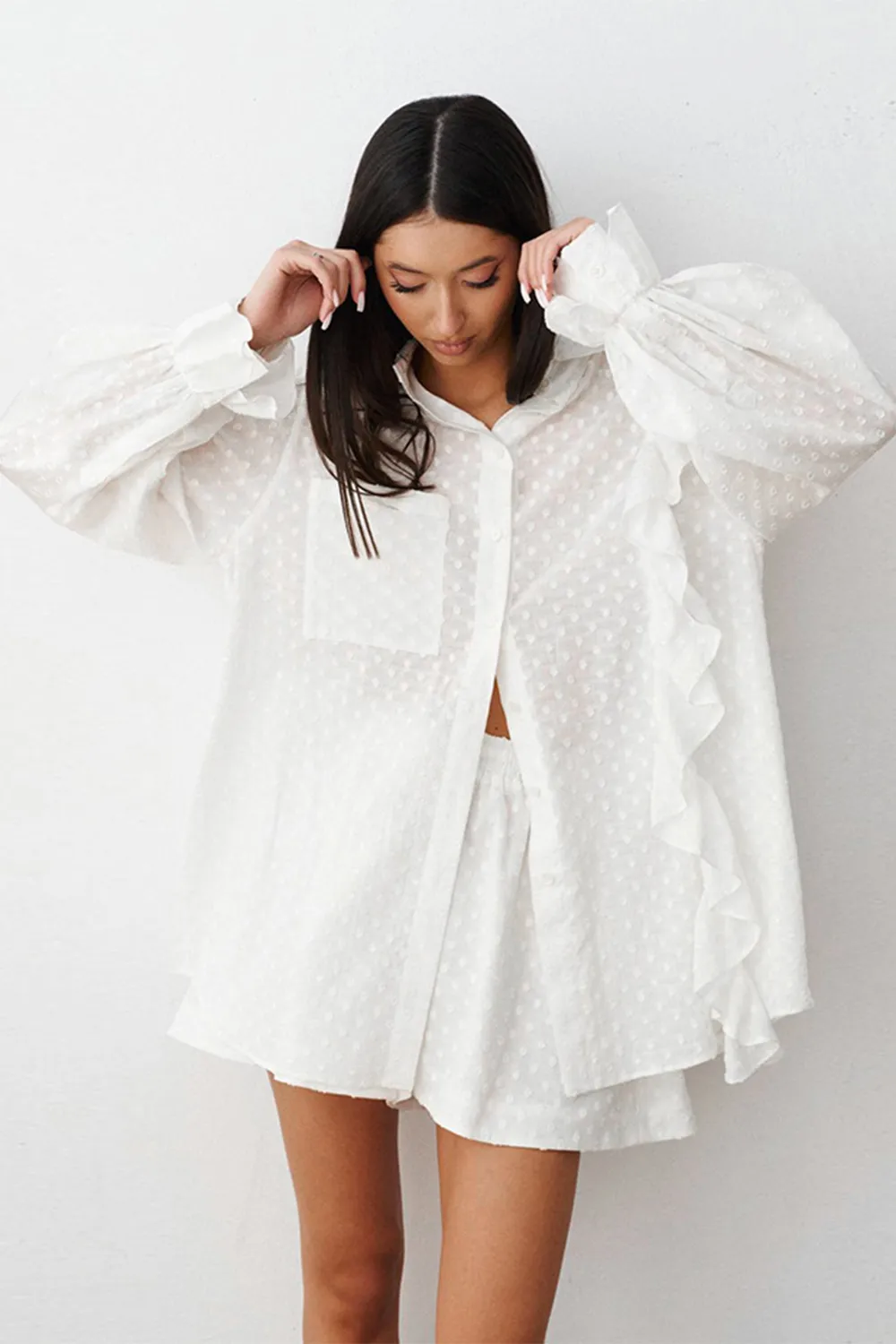 Ruffled Dot Applique Collared Neck Top and Shorts Set, image 5