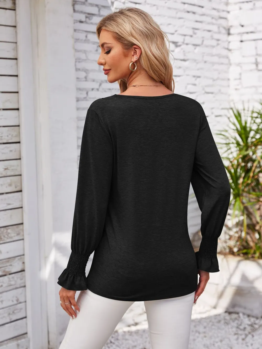 Smocked V-Neck Long Sleeve Blouse, image 12