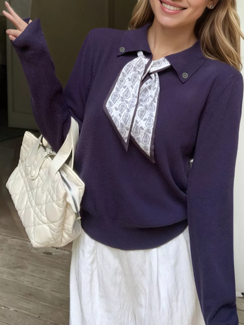 Scarf-Accented Long Sleeve Sweater, image 11