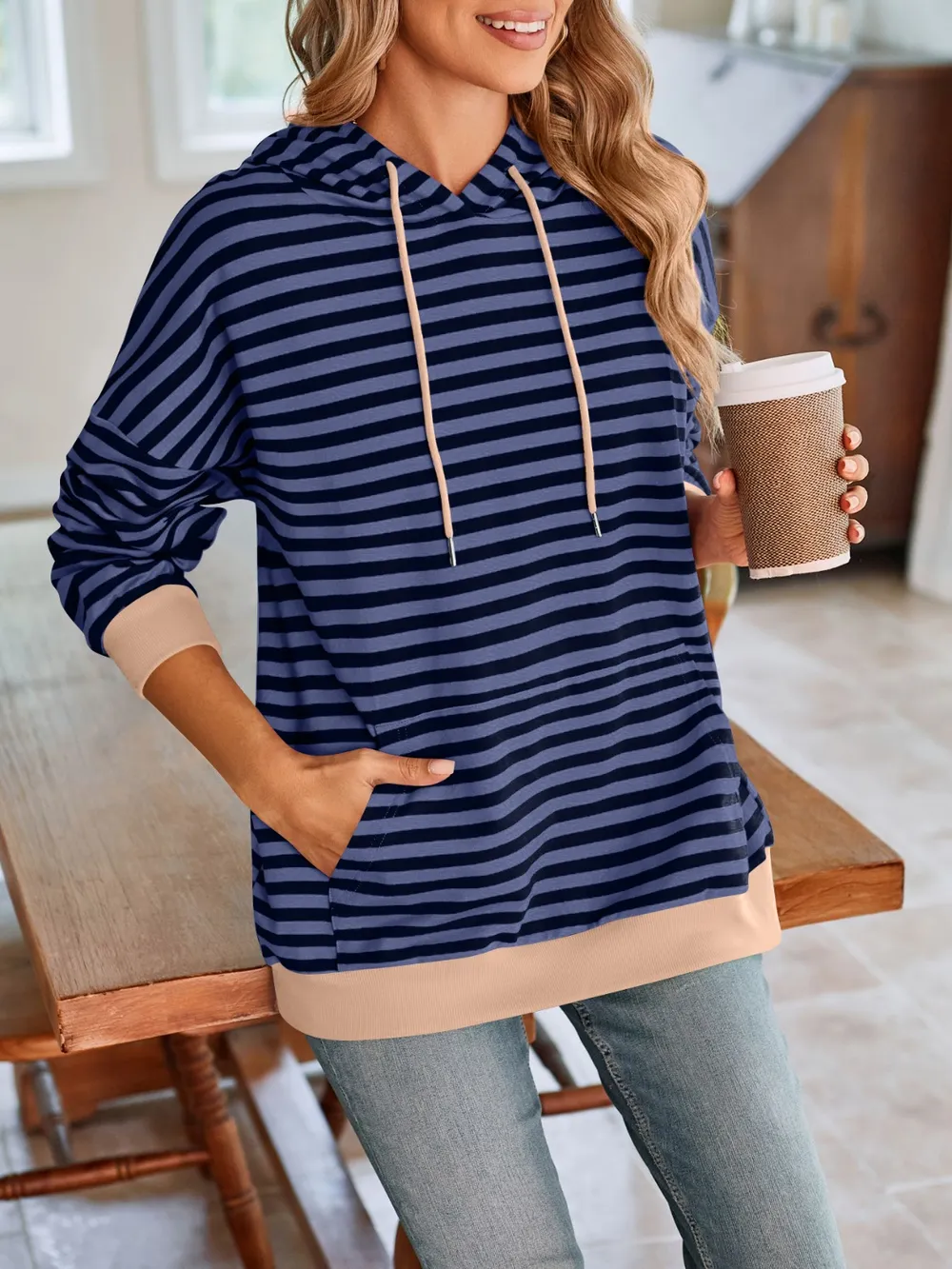 Drawstring Striped Long Sleeve Hoodie, image 30