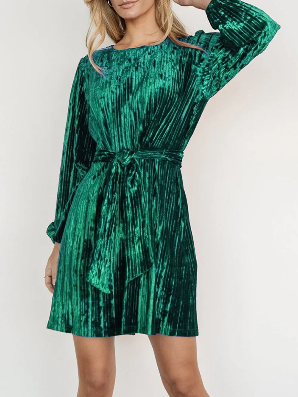 Velvet Round Neck Tie Waist Long Sleeve Mini Dress, image 7