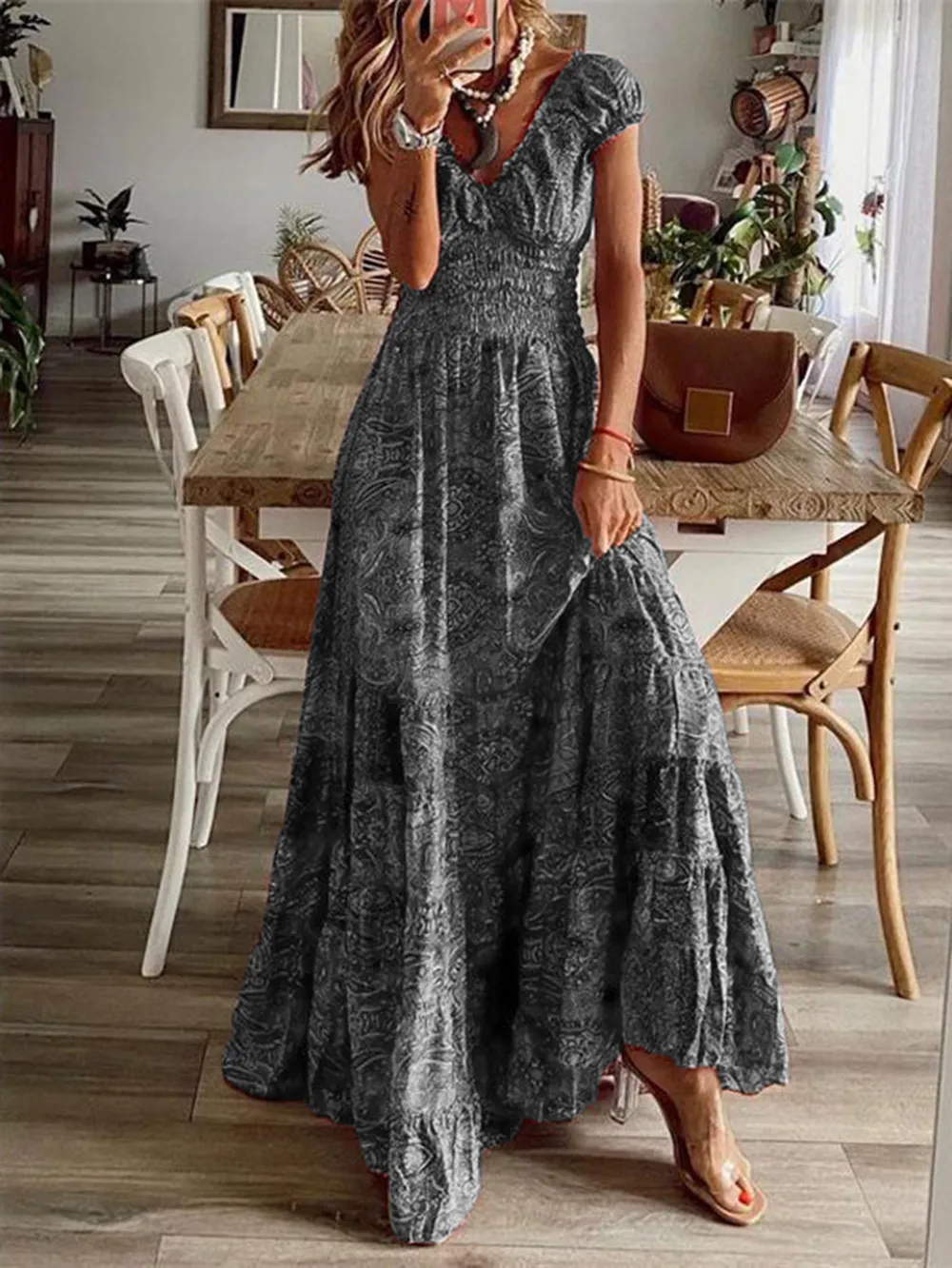 Full Size Smocked Printed V-Neck Short Sleeve Dress, image 13