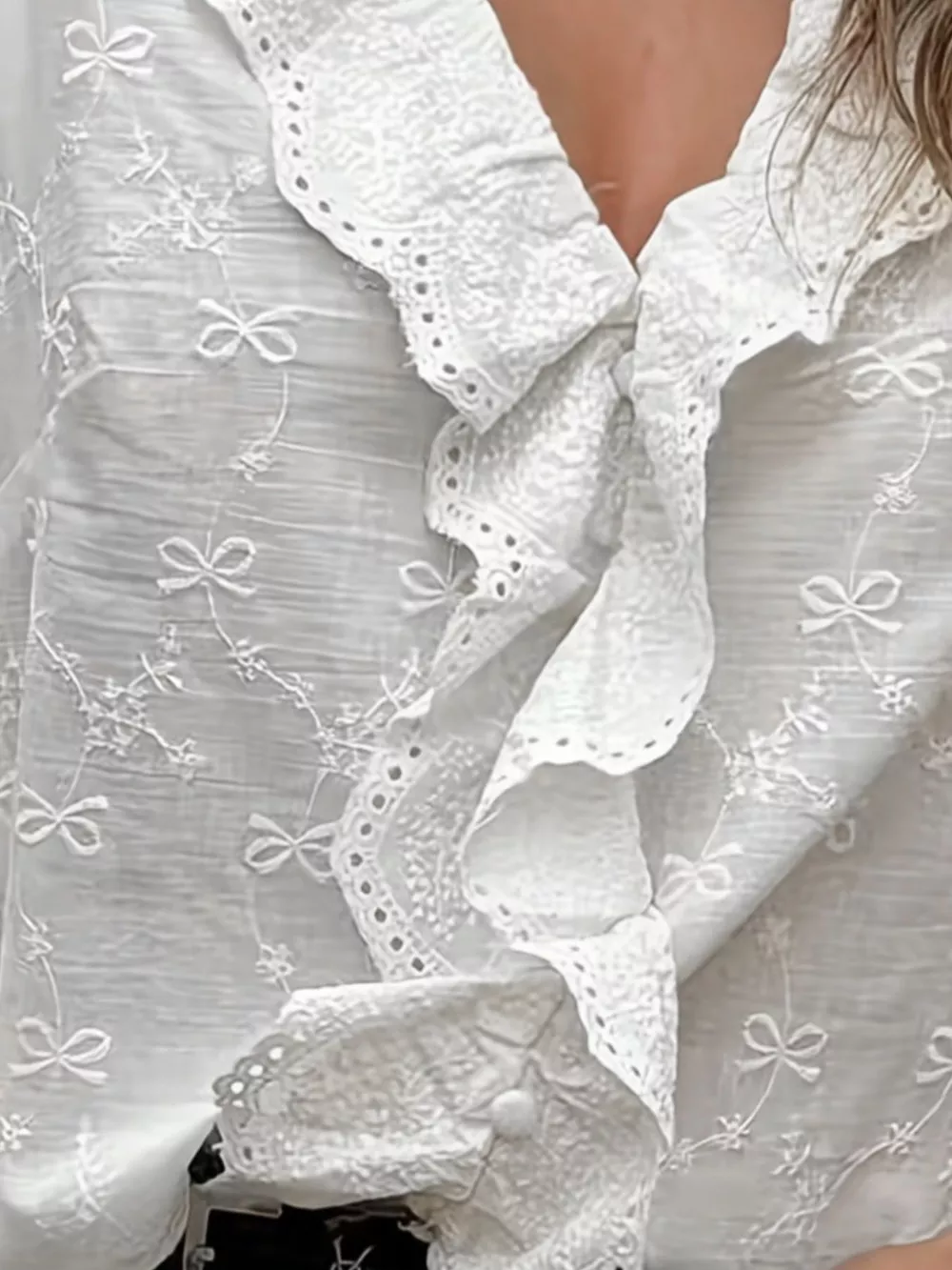 Bow Embroidered Ruffled V-Neck Blouse, image 2