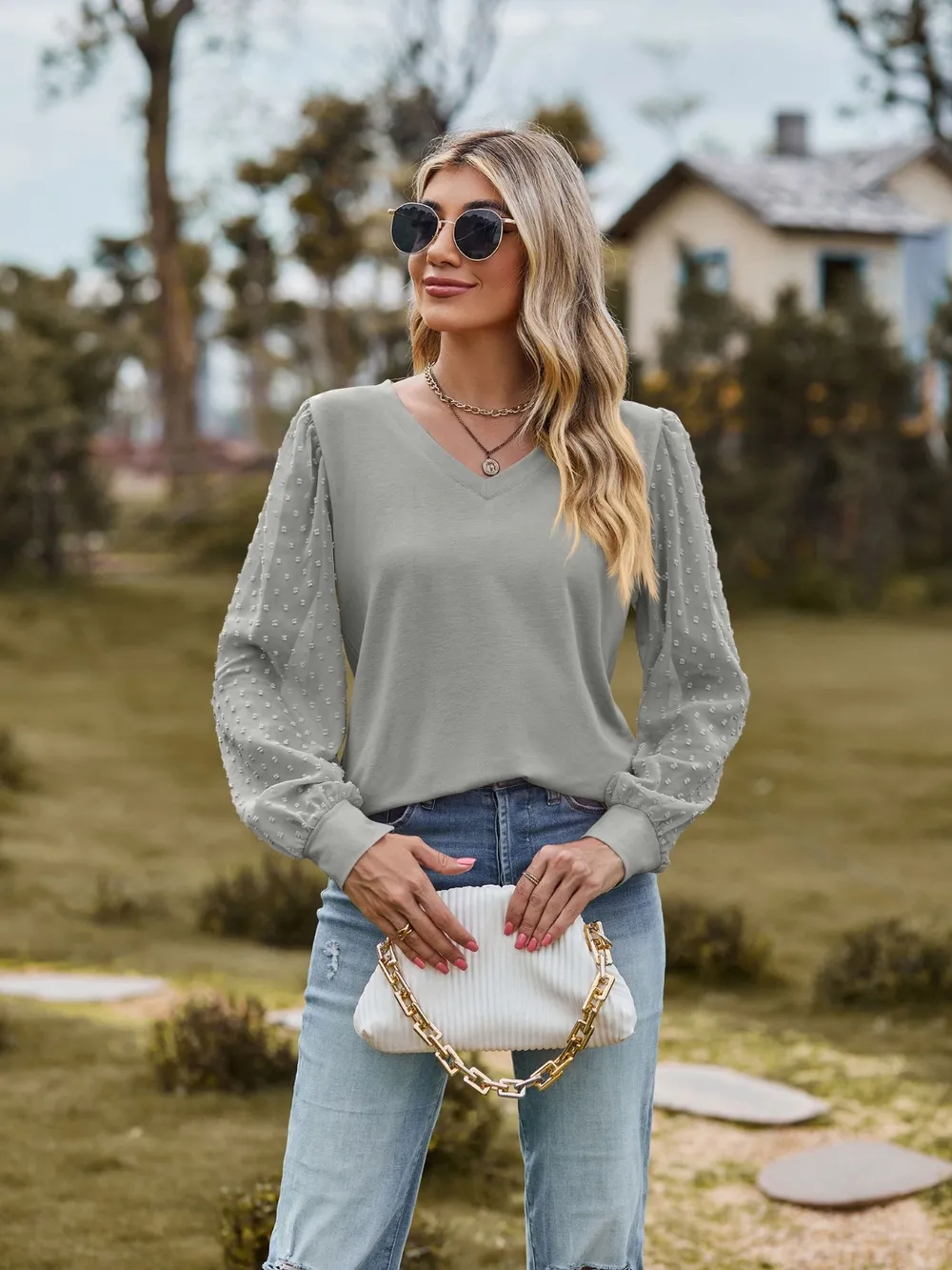 Swiss Dot V-Neck Long Sleeve Blouse, image 15