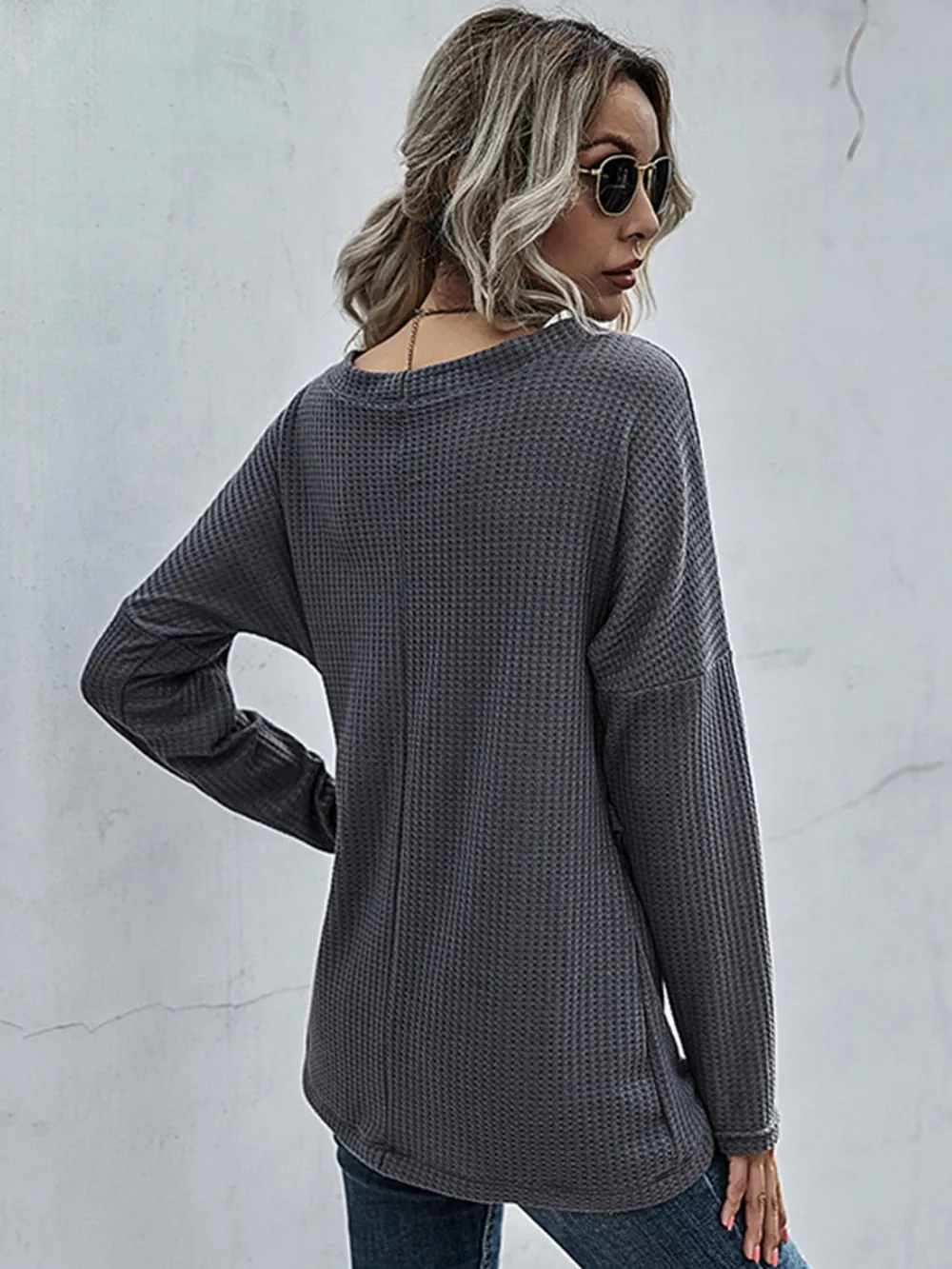 Waffle-Knit Surplice Long Sleeve Top, image 3