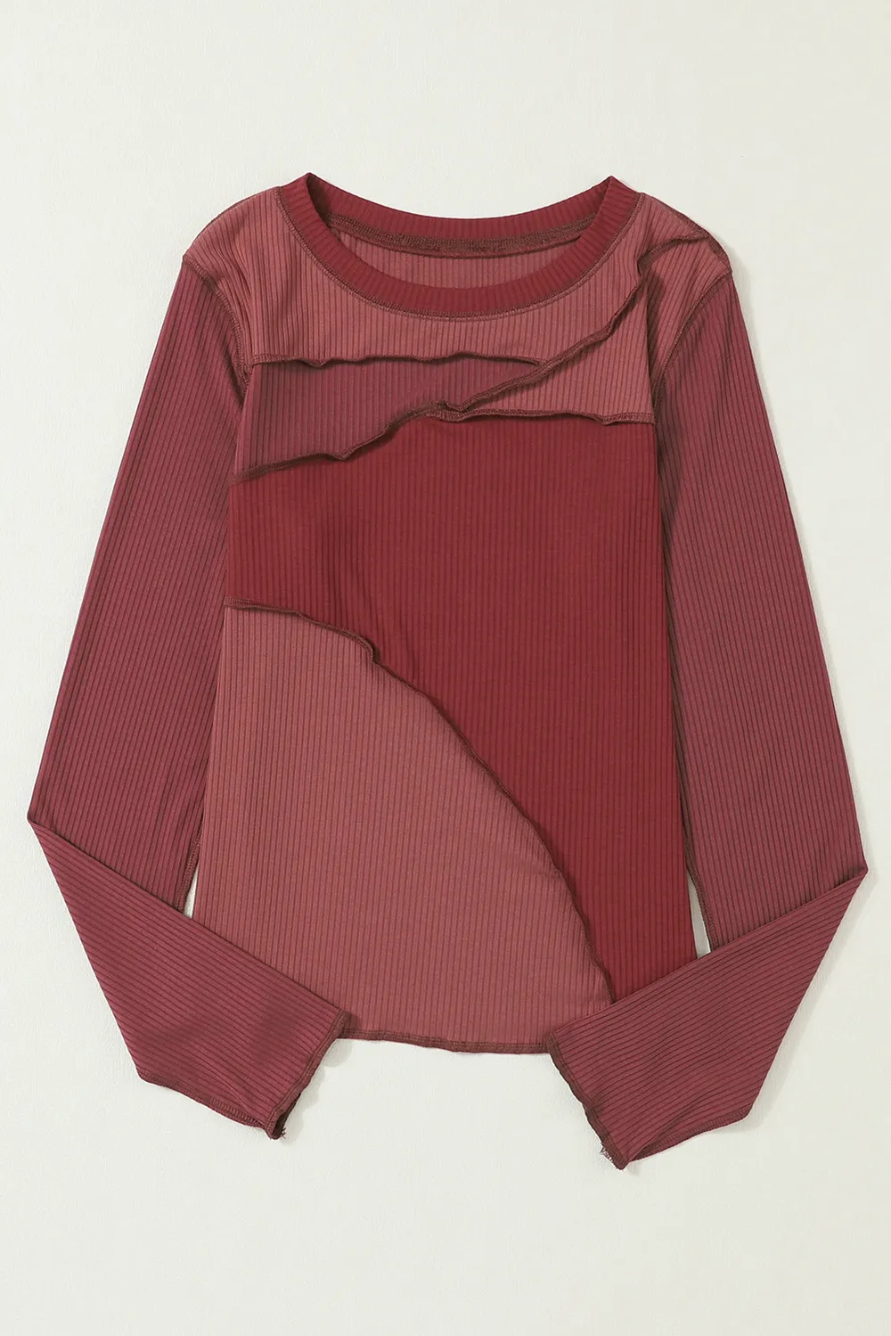 Exposed Seam Contrast Round Neck Long Sleeve T-Shirt, image 16