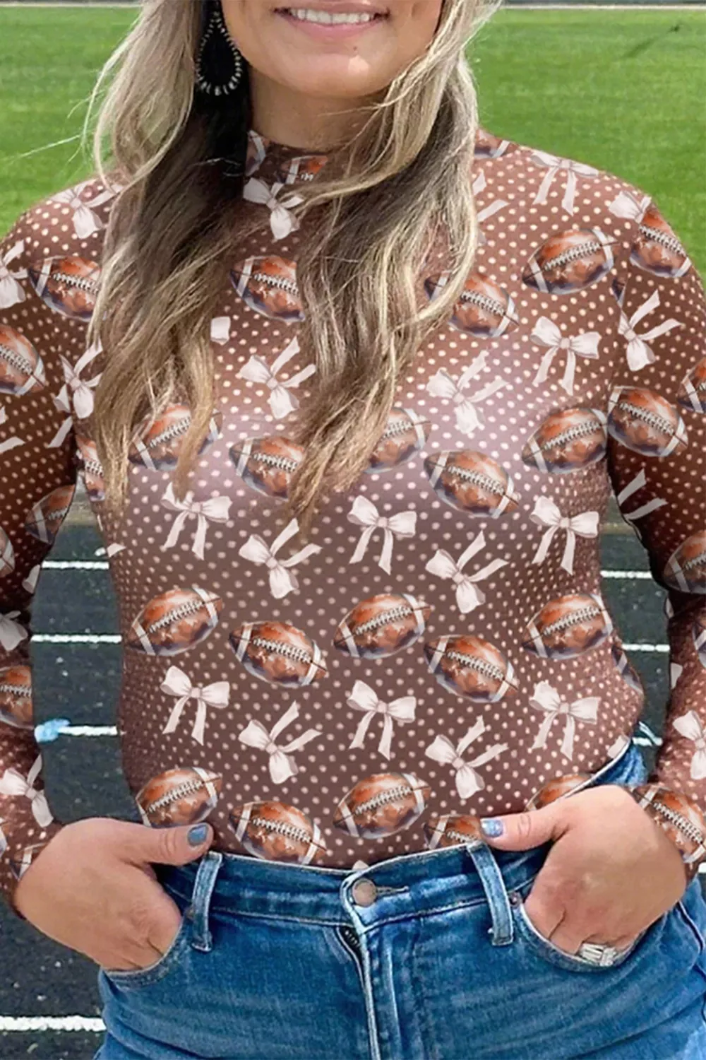 Long Sleeve Polka Dot Football Print Top, image 2