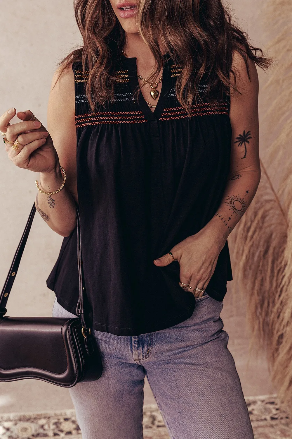 Boho Embroidered Sleeveless V-Neck Blouse, image 4