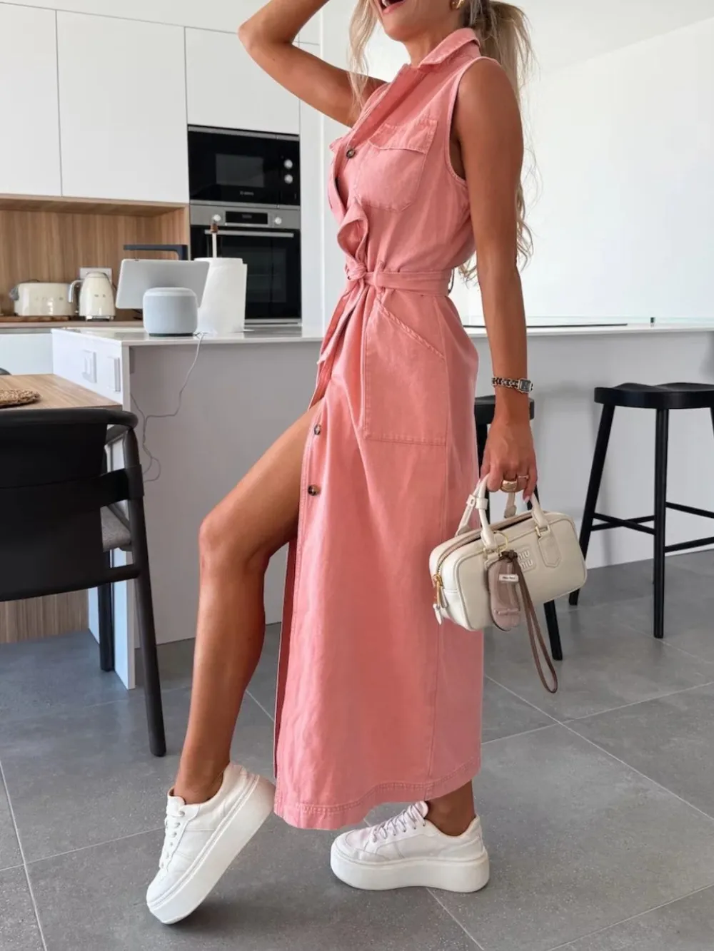 Button Front Sleeveless Denim Dress, image 8