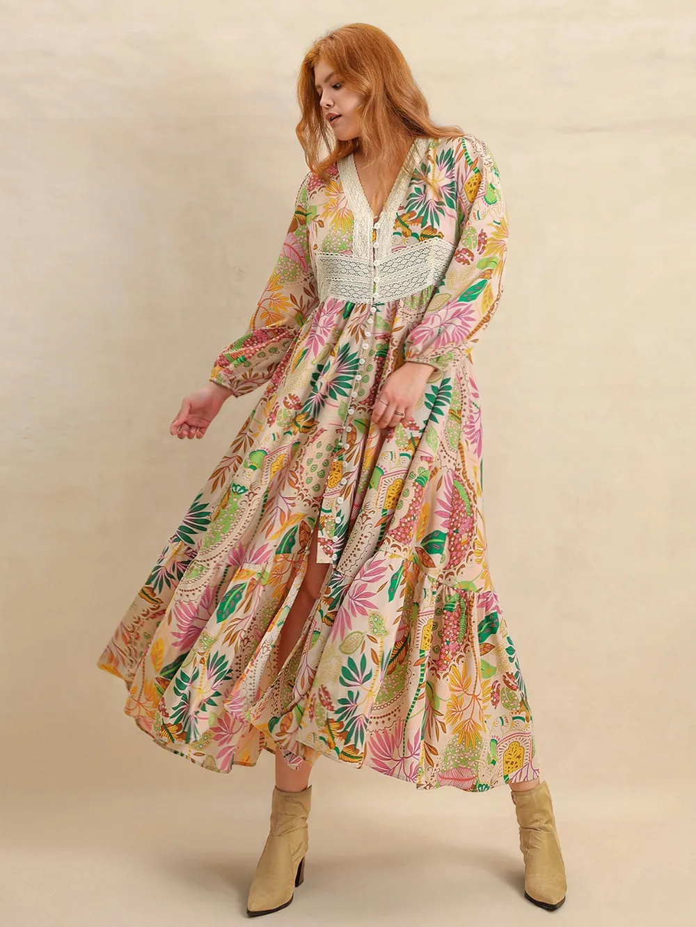Plus Size Lace Detail Printed V-Neck Balloon Sleeve Dress, image 6
