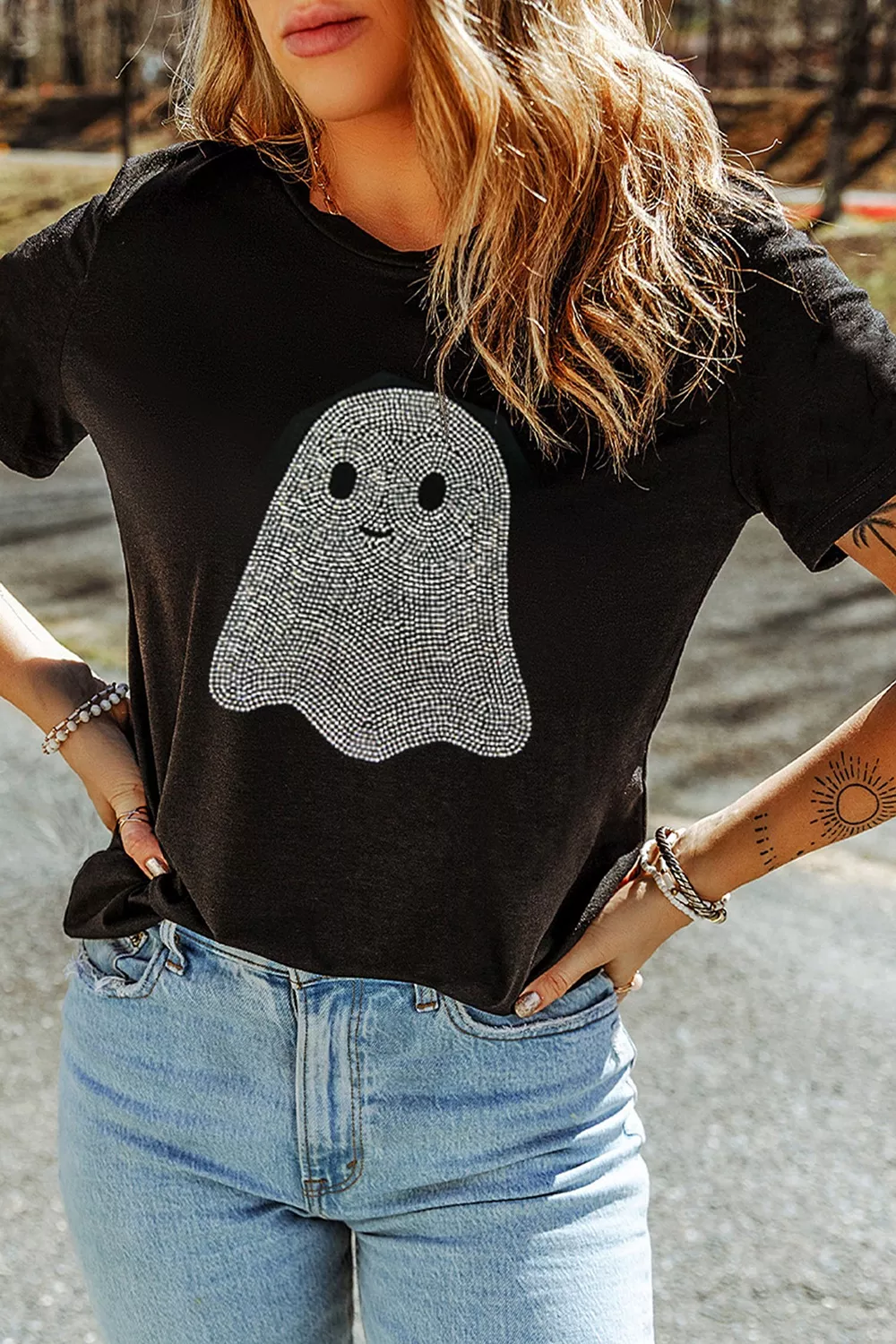 Full Size Rhinestone Ghost Round Neck T-Shirt Plus Size, image 5