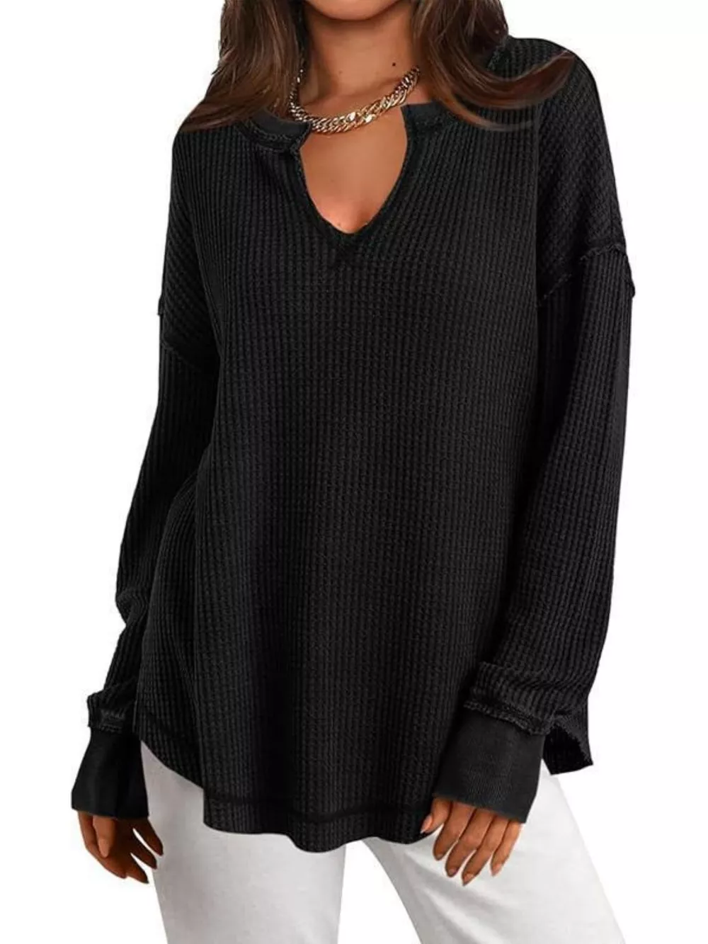 Slit Notched Long Sleeve T-Shirt