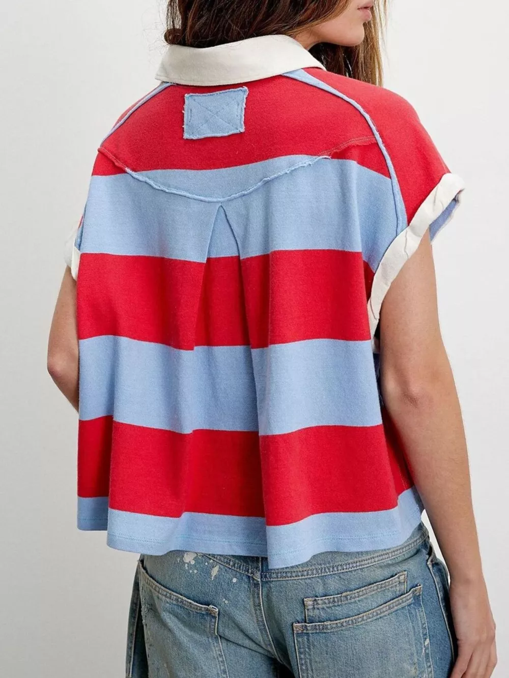 Half Button Striped Short Sleeve Cropped Polo Shirt, image 7