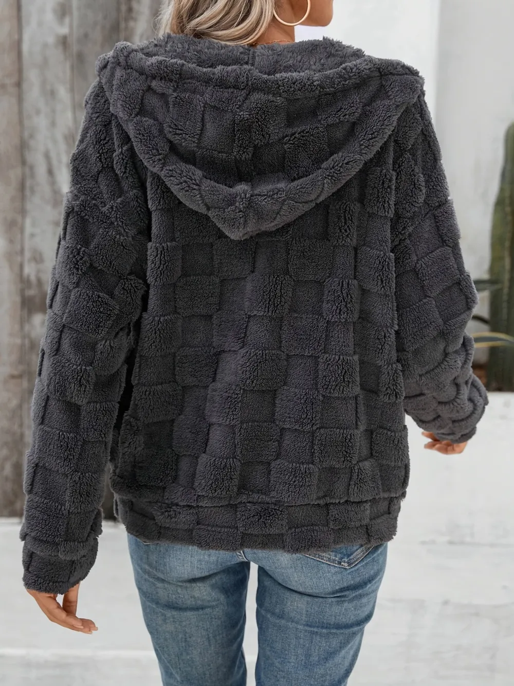 Checkered Texture Zip Up Drawstring Fuzzy Jacket, image 4