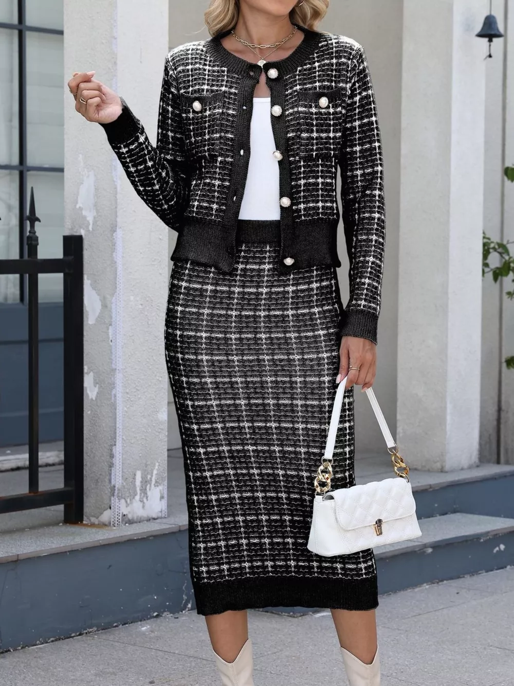 Plaid Knit Cardigan and Midi Skirt Sweater Set, image 9