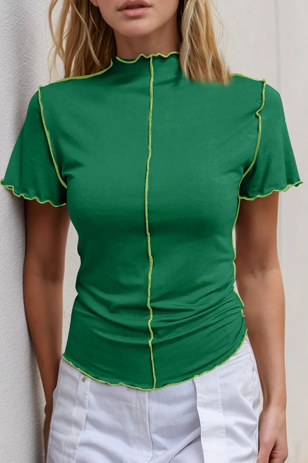 Contrast Trim Mock Neck Short Sleeve T-Shirt, image 13