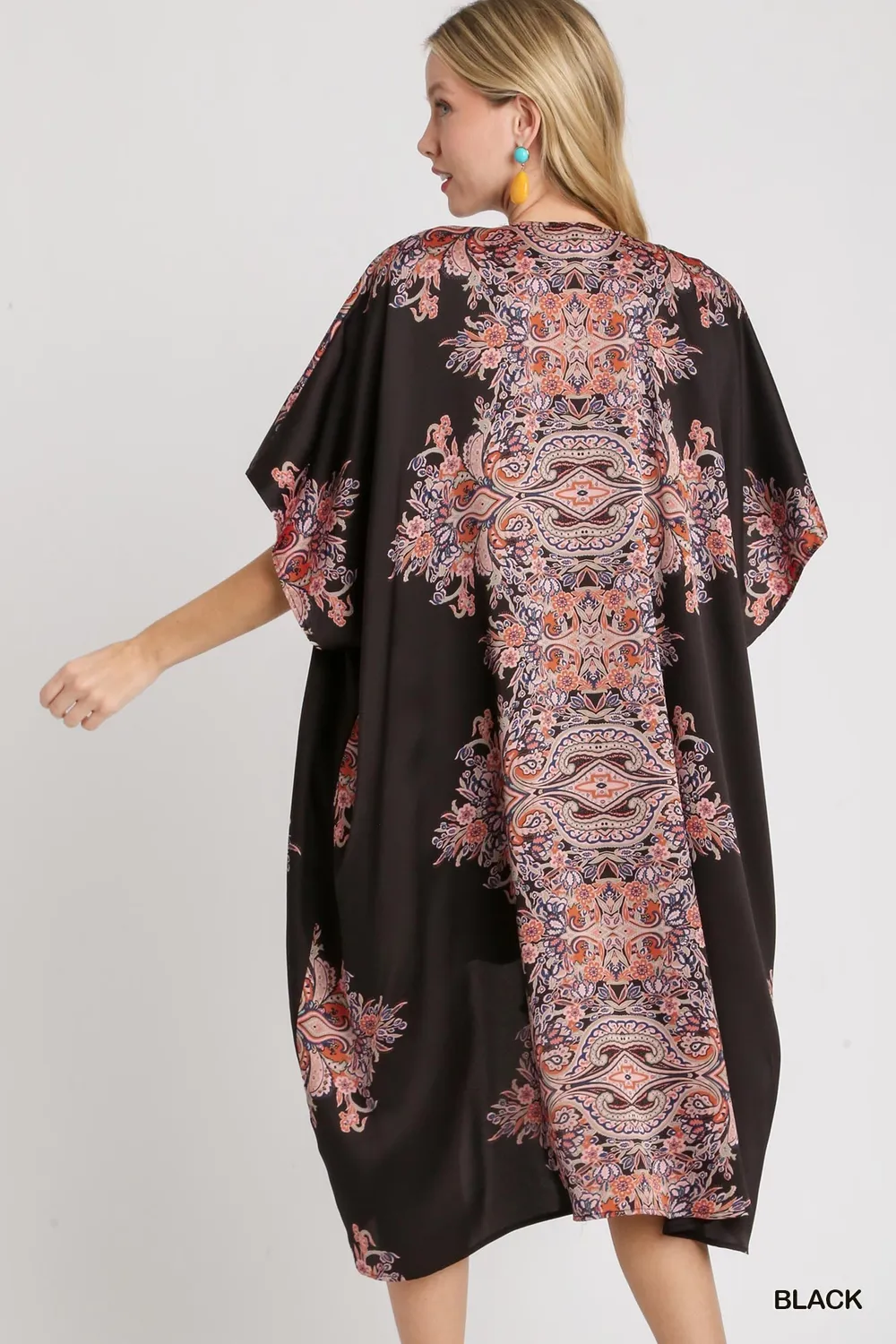 Satin Border Print Short Sleeve Open Front Kimono, image 2