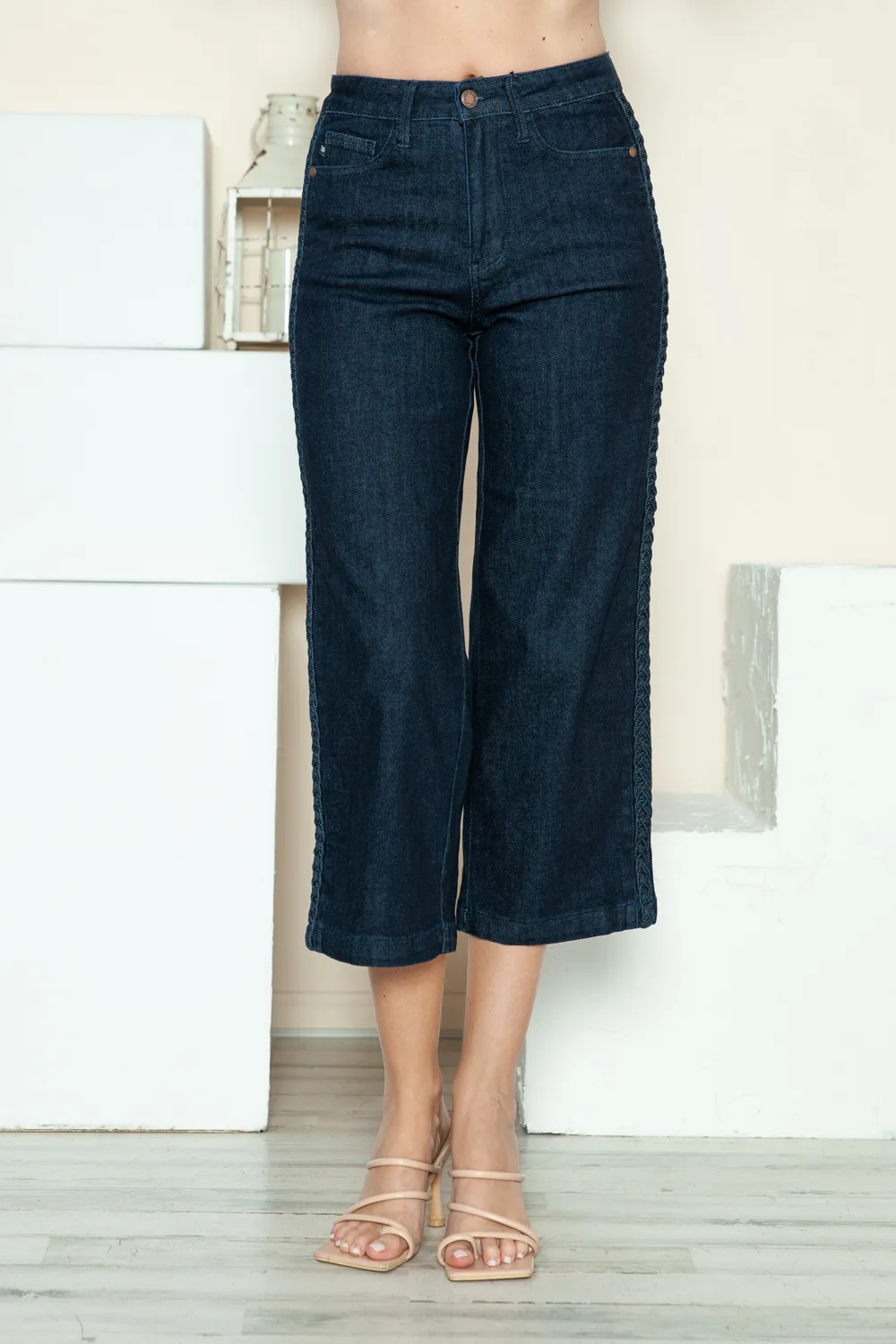 Full Size Side Seam Braid Detail Crop Wide Leg Jeans, image 11