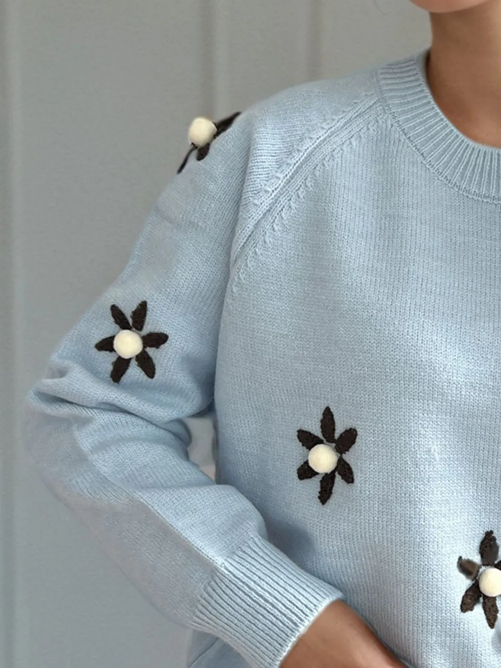 Flower Round Neck Raglan Sleeve Sweater, image 18