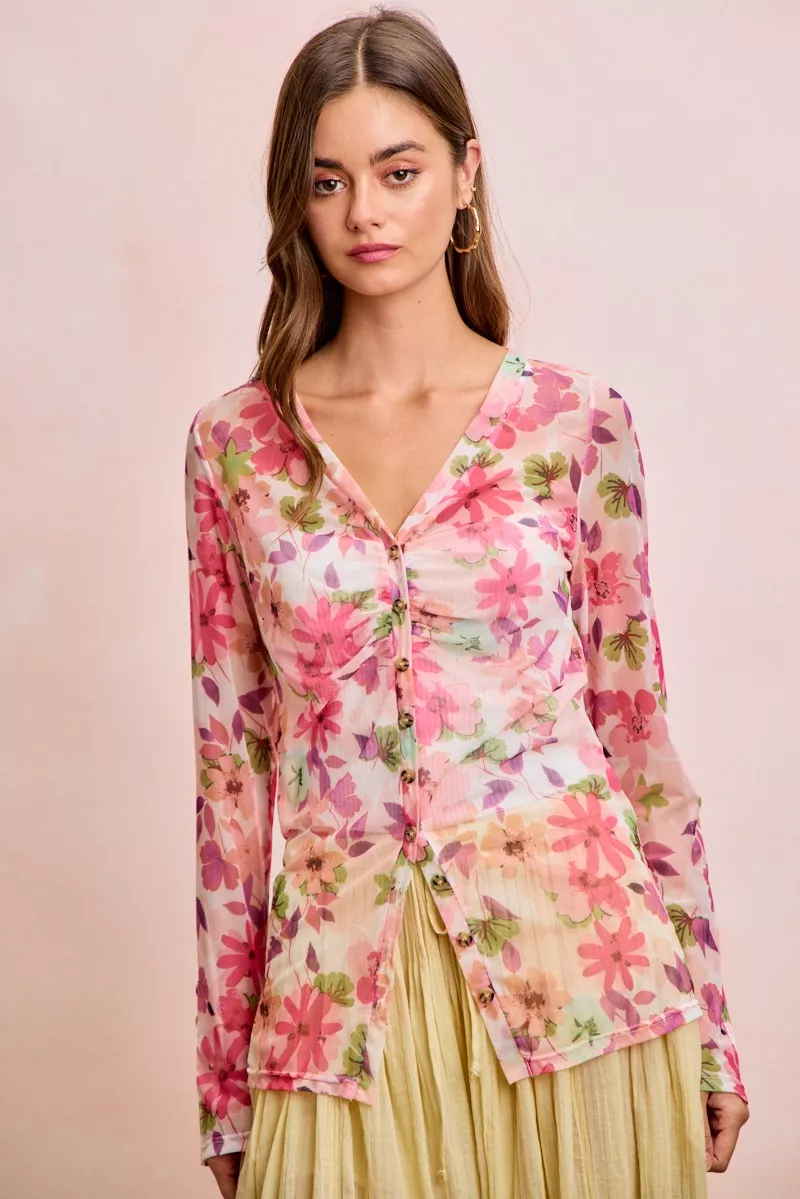 BiBi Floral Shrried Detail Button Up Mesh Cardigan Top, image 17