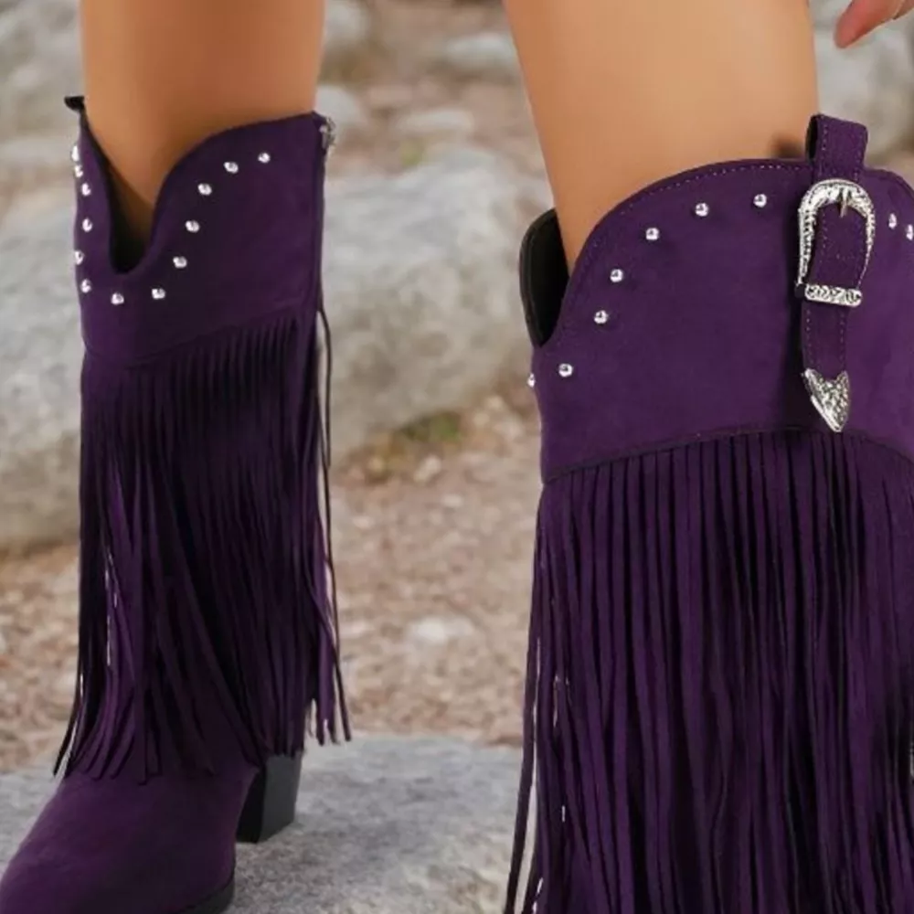 Fringe Round Toe Block Heels Boots, image 5