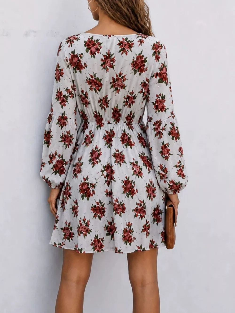 Floral Print V-Neck Long Sleeve Mini Dress, image 4