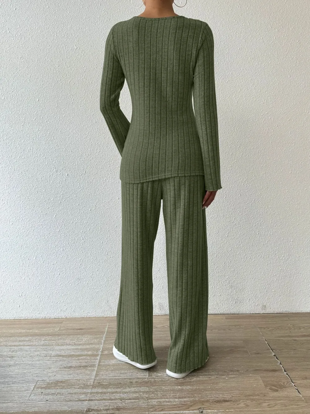 Ribbed V-Neck Long Sleeve Top and Pocketed Pants Set, image 11