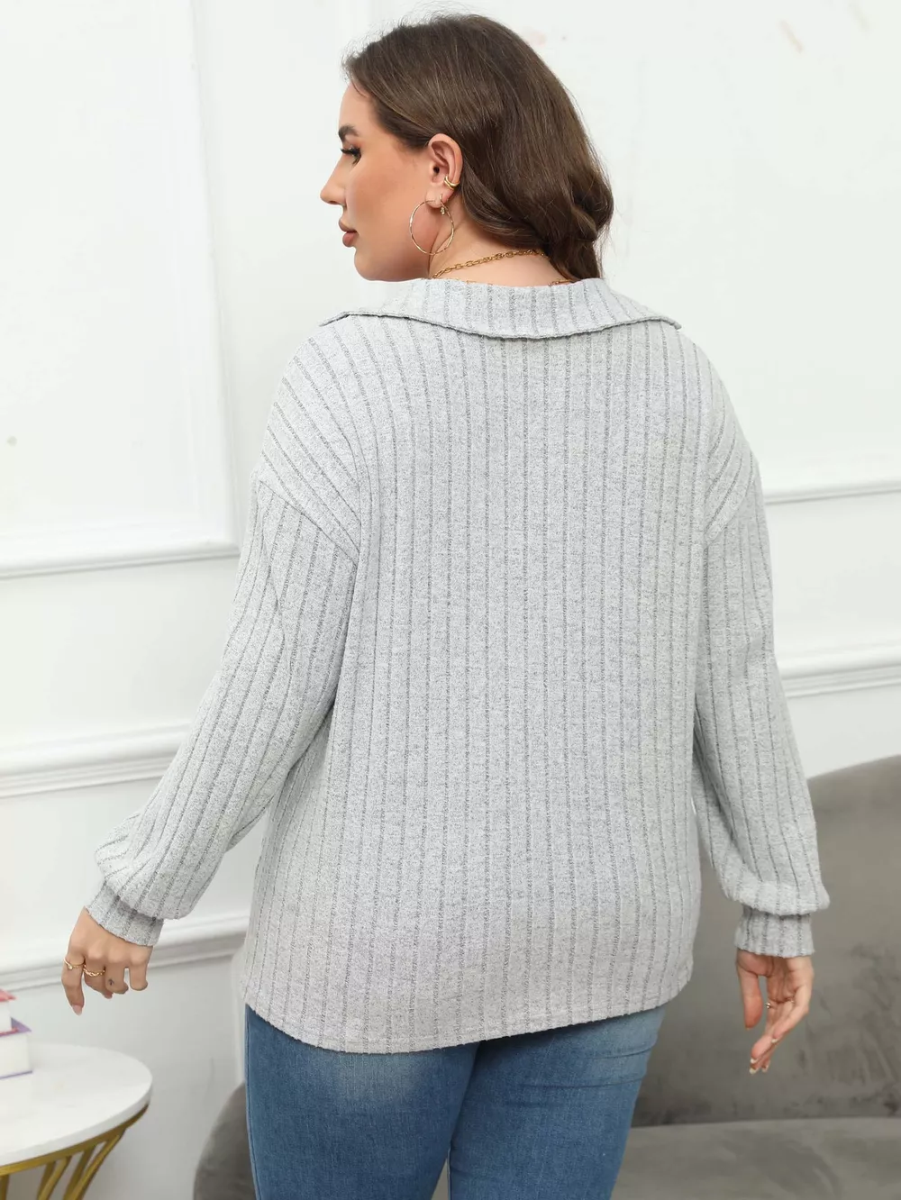 Plus Size Ribbed Knit Polo Collar T-Shirt, image 13