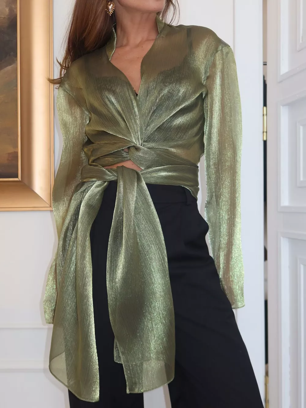 Sheer Front Tie Detail Long Sleeve Shirt, image 2