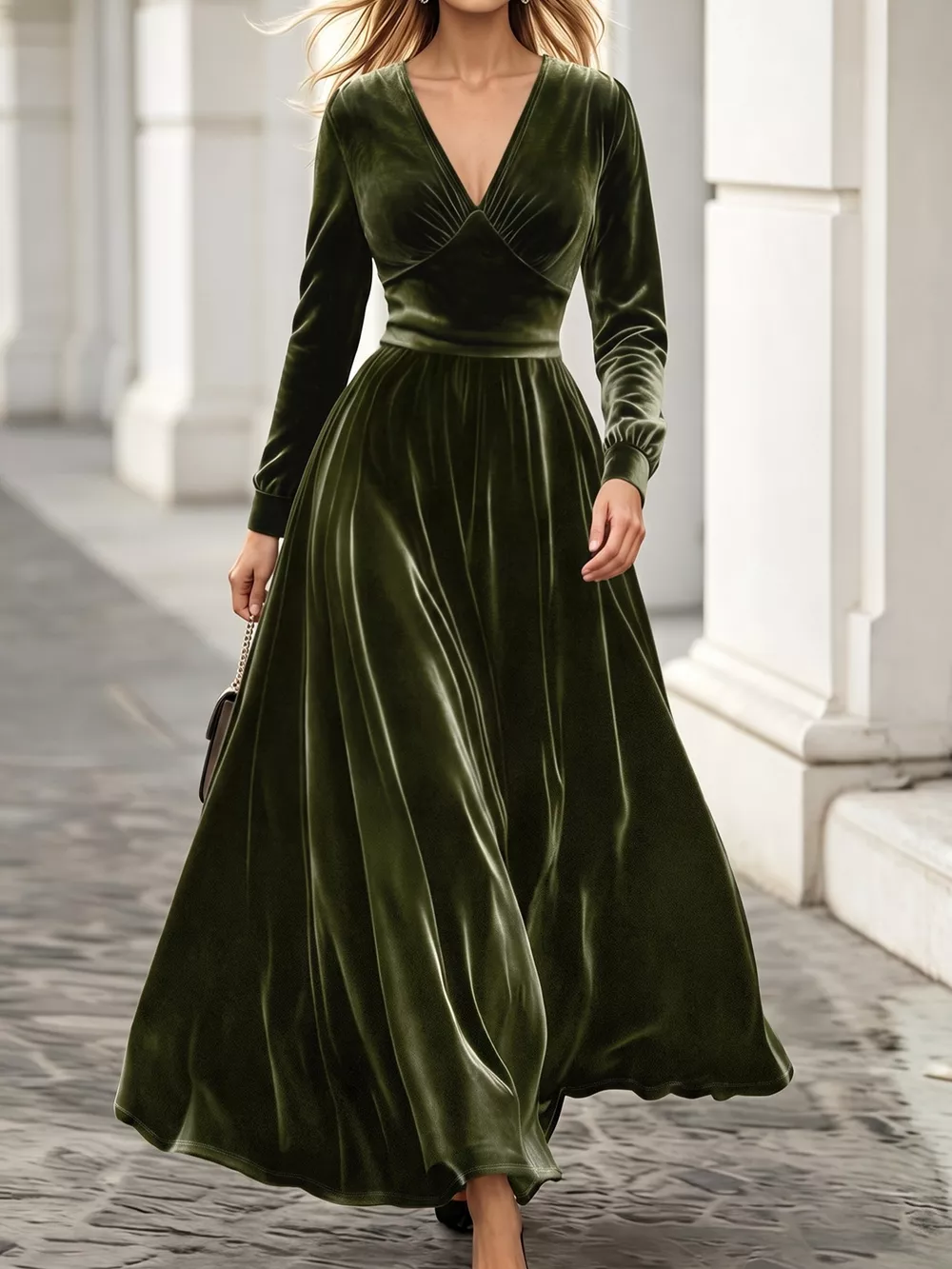 Plus Size V-Neck Long Sleeve Velvet Maxi Dress, image 2