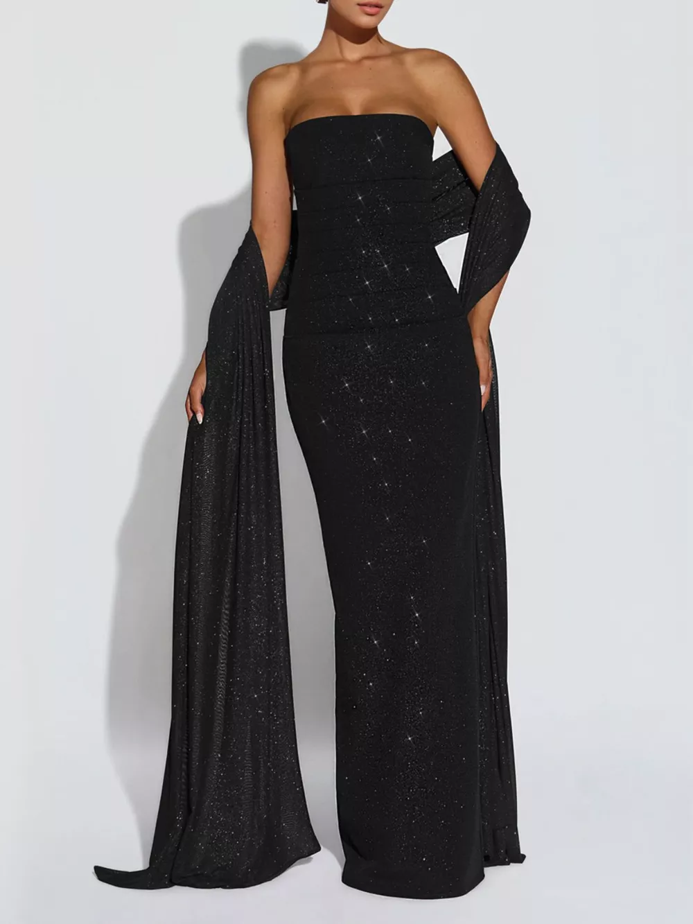 Slit Glitter Tube Maxi Dress with Scarf, image 2