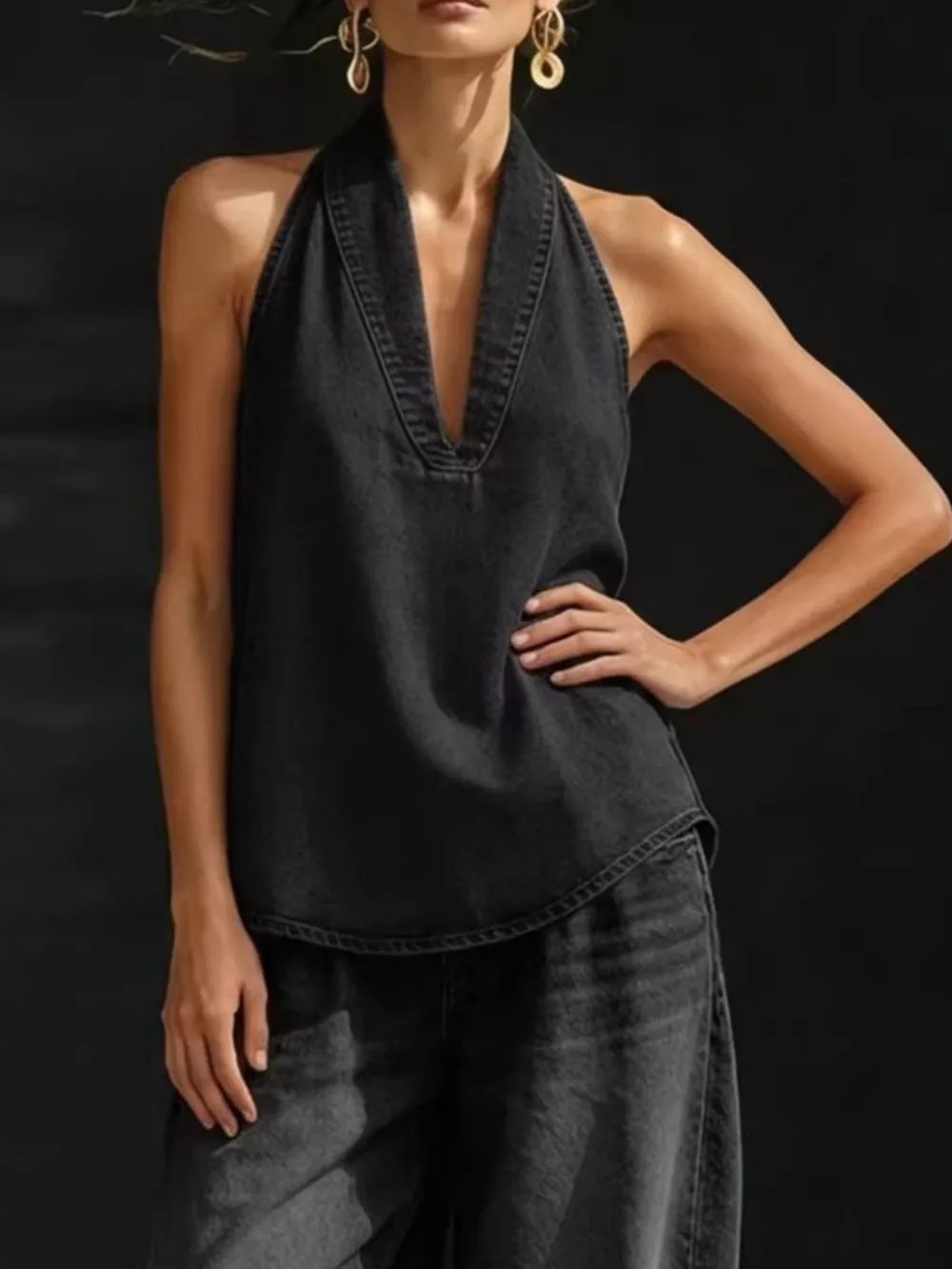Full Size Halter Neck Top and Wide Leg Pants Plus Size, image 2