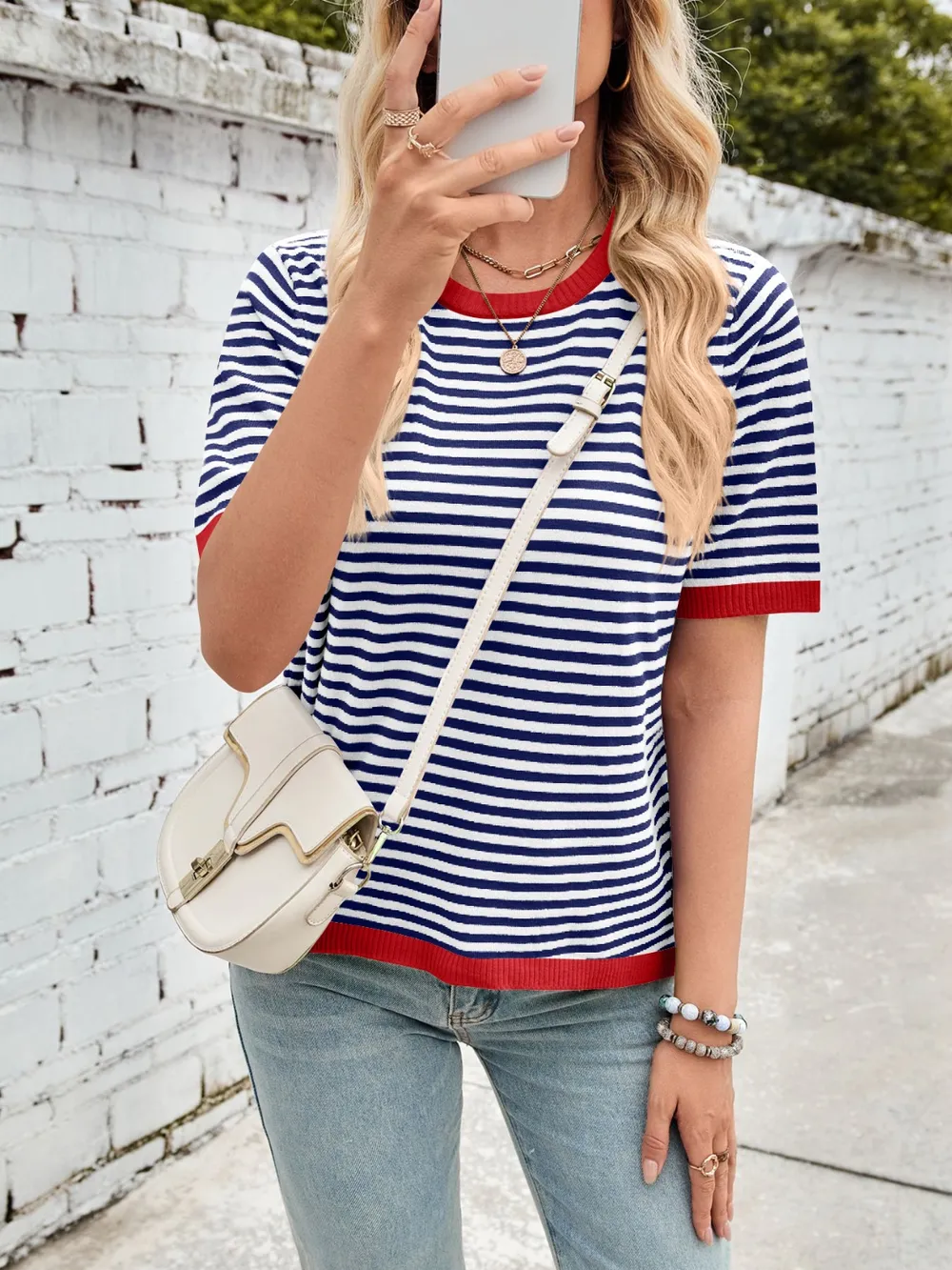 Striped Contrast Round Neck Half Sleeve Knit Top, image 6