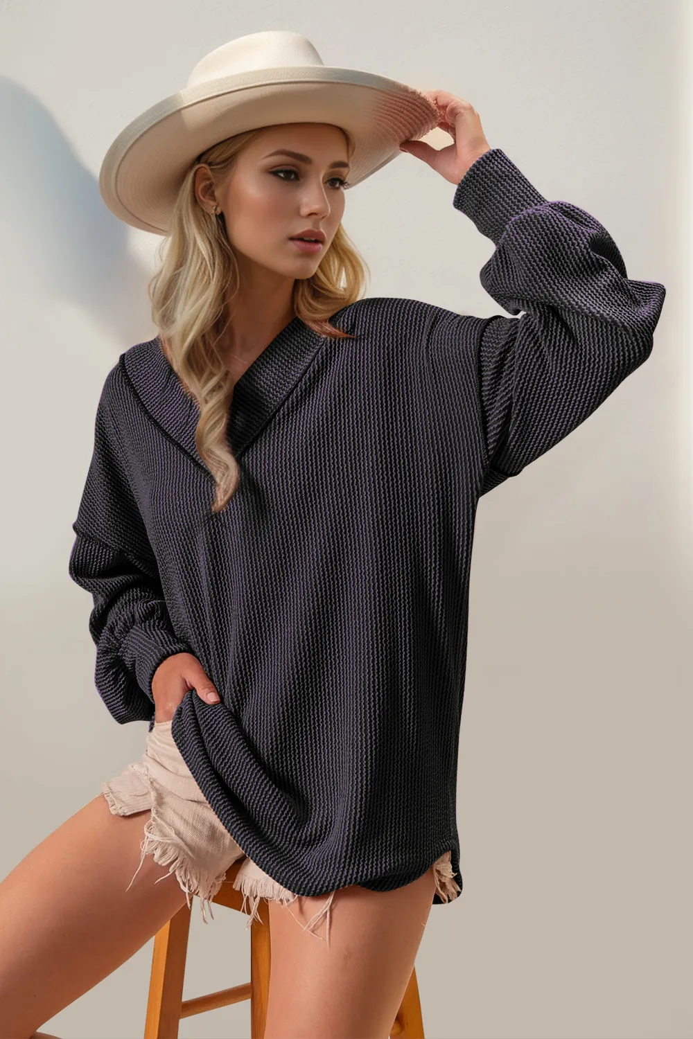Exposed Seam Ribbed Textured V-Neck Long Sleeve T-Shirt, image 2