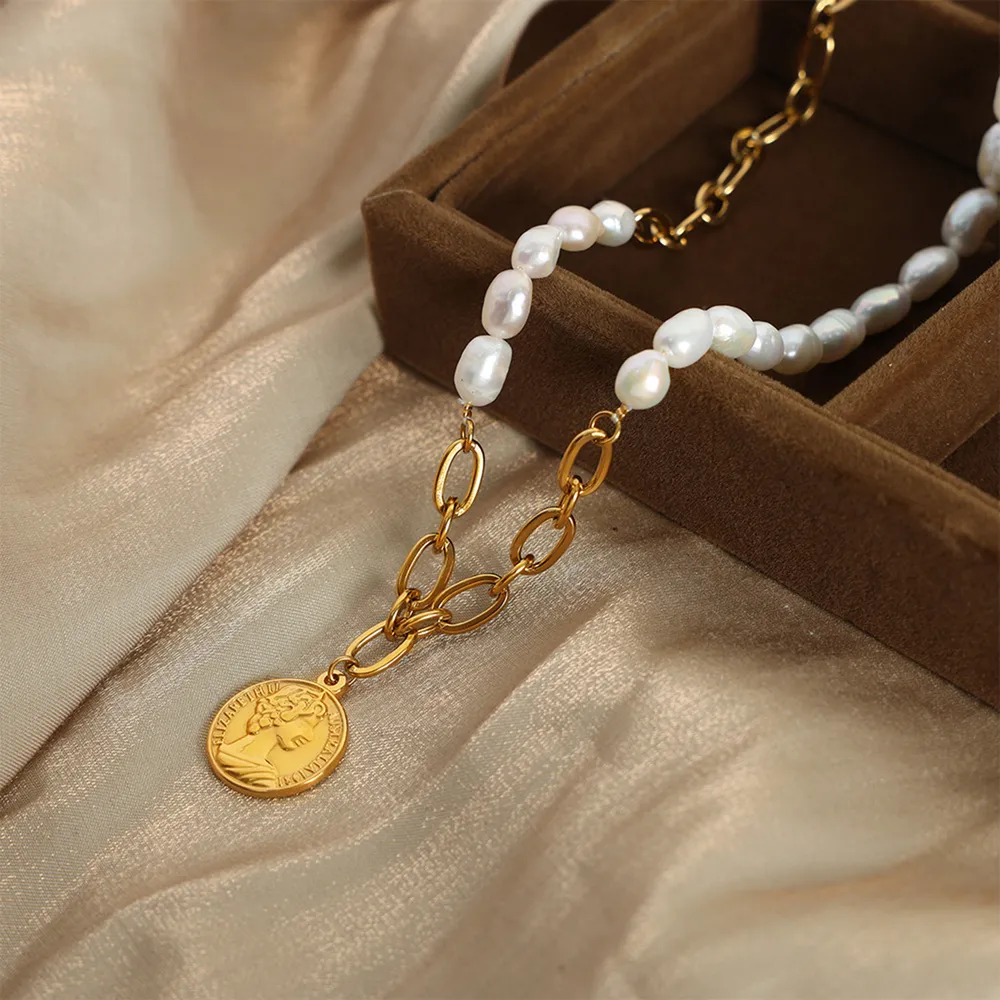 Coin pendant Pearl Titanium Steel Necklace, image 3