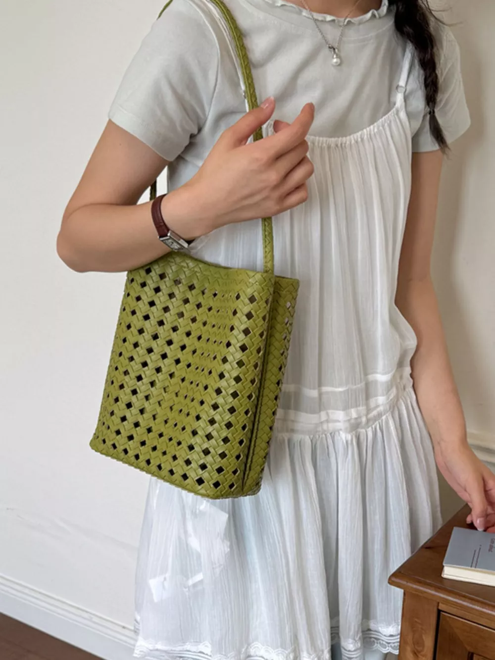 Woven Leather Handbag with Matching Pouch, image 6